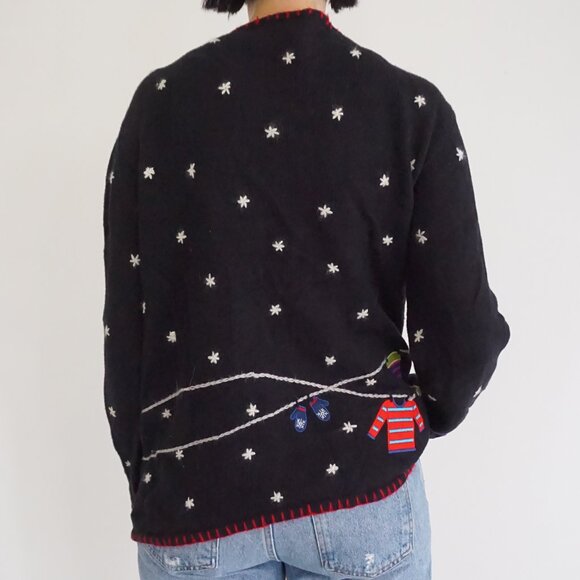 Vintage Coldwater Creek Navy Snowflake Cardigan Festive Holiday Mittens L - Picture 2 of 9